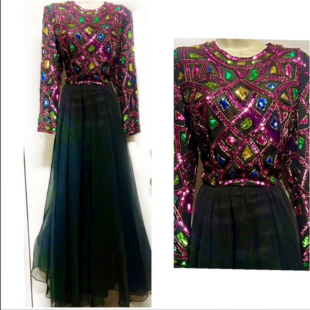 Vintage Jack Bryan Sequin Chiffon Long Gown 12